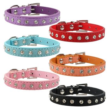 Clear Rhinestones Diamante Soft Suede Leather Dog Puppy Cat Collars 3 Sizes