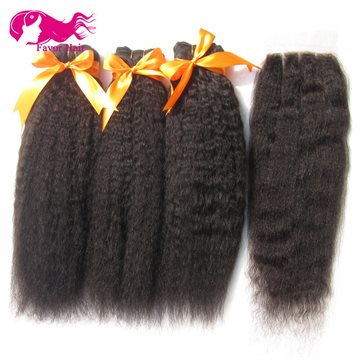 Kinky Straight Brazilian Virgin Hair with Closure Italian Yaki 3 Bundle Deals with Closure Coarse Yaki Hair Bundles with Closure