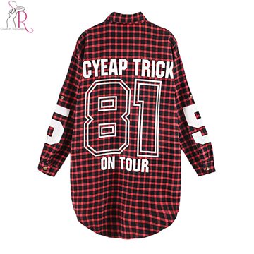 Red Women Boyfriend BF Style Monogrammed Plaid Long Sleeves Long Oversized Loose Shirt W/ Back Letter and Numbers Print