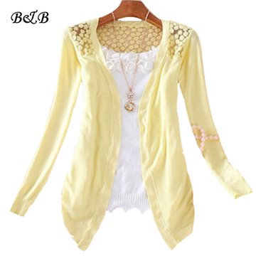 Women Candy Color Irregular Hem Long Sleeve Slim Thin Lace Hollow Out jacket Women Knitted Cardigan Sweater Tops