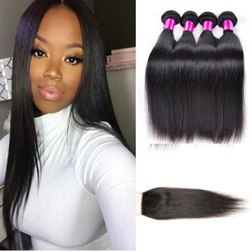 Top Grace Hair Products With Closure Peruvian Virgin Hair Straight With Closure 4 Bundles With Closure Straight Human Hair Weave