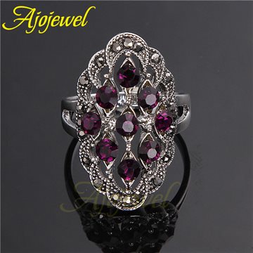 Ajojewel Brand Retro Womens Anel Vintage 18K White Gold Plated Purple/Black Crystal Rings Fashion