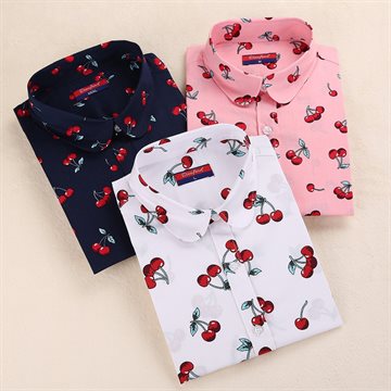 Hot Brand Cotton Women Shirts Blouses Casual Turn Down Collar Ladies Tops Cherry Long Sleeve Shirt Women Clothing Fashion Wear