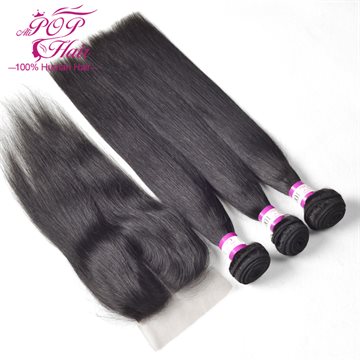 Brazilian virgin hair with closure,Human hair bundles with lace closure 4x4 Free Part Bleached Knots Brazilian straight hair