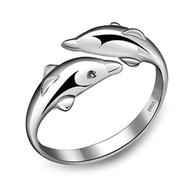 fashion Silver Plated Double Dolphin Ring Opening Adjustable Silver Plated Rings for girl Charm Jewelry Valentines Gift