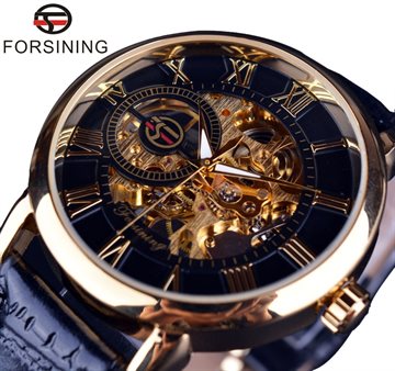 Forsining 3d Logo Design Hollow Engraving Black Gold Case Leather Skeleton Mechanical Watches Men Luxury Brand Heren Horloge