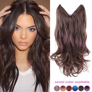 20 inch once piece invisible no clips light brown mixed dark brown synthetic flip in hair extensions long wavy natural wave