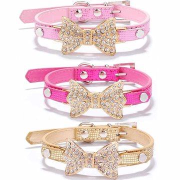 Lovely PU Leather Pet Dog Cat Puppy Collar Crystal Rhinestone Bowknot Necklace