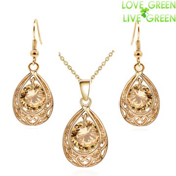 Vintage queen Bride 18K Gold Plated Zircon Rhinestones water drop Pendant Necklace Earrings indian jewelry sets for women 80025