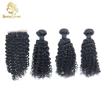 Spring Queen Hair Products Deep Curly Peruvian Virgin Hair With Closure,4 Pcs lot Peruvian Human Hair Bundles With Closure