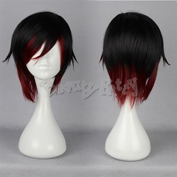 35cm 14inch Harajuku Short Straight RWBY Ruby Rose Red Gradual Change Anime Cosplay Wig Heat Resistant Synthetic Hair Bang Cap