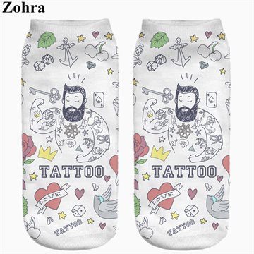 New arrival Funny Cute Tattoo Men Full Print Womens Mens Low Cut Ankle Socks Jogging Sport Cotton Hosiery Casual Sock Slippers