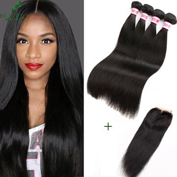 Brazilian Virgin Hair With Closure 3/4 Bundles Unprocessed Brazilian Straight Hair With Closure 7A Remy Human Hair With Closure