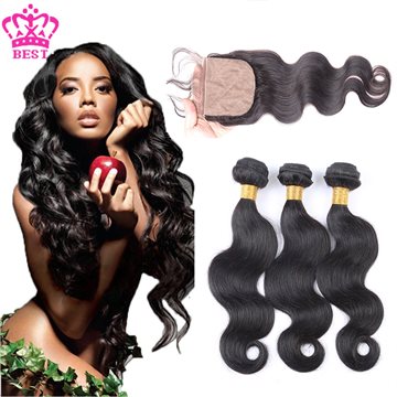 7A Brazilian Virgin Hair With Silk Base Closure,Body Wave Silk Base Closure With 3 Bundles Virgin Human Hair With Silk Closures