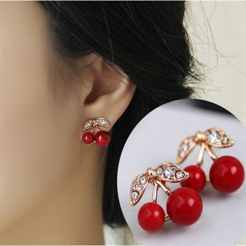 2015 New Fashion Lovely Red cherry earrings rhinestone leaf bead stud earrings for woman jewelry