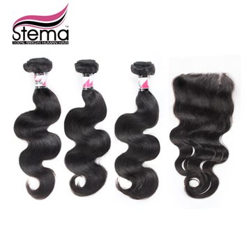 Free Shipping Stema Hair Unprocessed 100% Brazilian Virgin Hair Body Wave 3pcs Hair Weft With 1pc Lace Closure Hair Extension