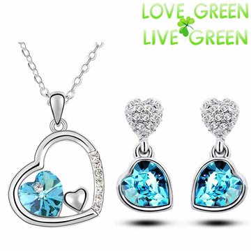 Free Shipping top quality girl women accessories bridal 18K white Gold Plated Crystal double heart Necklace Earrings jewelry Set