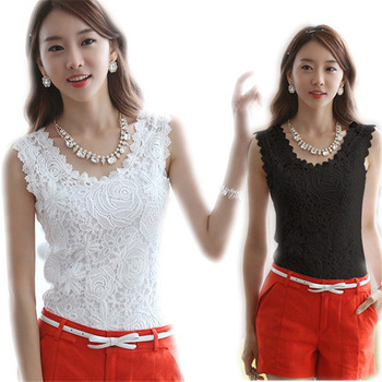 2015 Plus Size XXL Summer Women Blouse Lace Vintage Sleeveless White Black Crochet Casual Shirts Tops