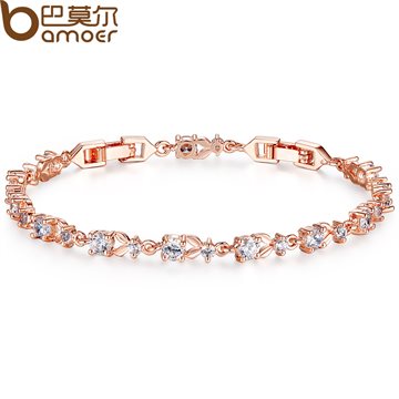 BAMOER Luxury 18K Rose Gold Plated Chain Bracelet for Women Ladies Shining AAA Cubic Zircon Crystal Jewelry Wedding JIB013