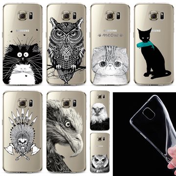 Free Shipping Ultra Thin Transparent Soft Black White Cat Owl Eagle Cell phone Back Cover For Samsung Galaxy S6Edge WHD1528