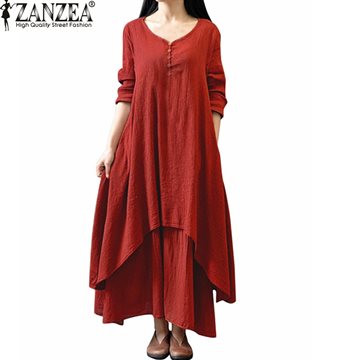 Casual Solid Autumn Dress 2016 Women Elegant Loose Full Sleeve V Neck Dress Cotton Linen Boho Long Maxi Dress Vestidos Plus Size