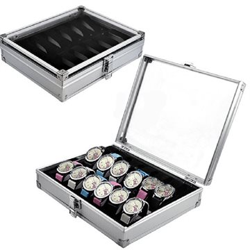 New Silver 12 Grid Jewelry Wrist Watches Display Collection Storage Box Case Aluminium