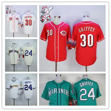 Ken Griffey Jr Jersey New Style 30 Cincinnati Reds 24 Seattle Mariners Baseball Jersey Red Cream Green White Griffey Jersey