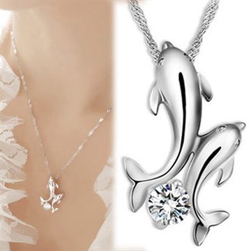 Cute Silver Plated Double Dolphin Rhinestone Short Chain Pendant Necklace Women Fashion Jewelry Wholesale NL-0712