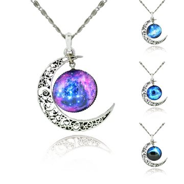 1 Pcs Hollow Moon & Glass Galaxy Statement Necklaces Silver Chain Pendants 2016 New Fashion Jewelry Collares Friend Best Gifts