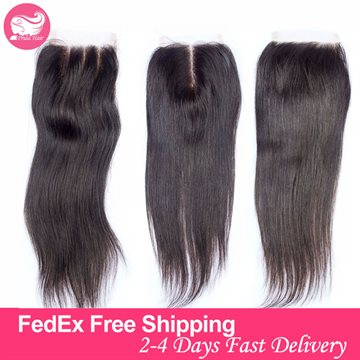 Grade 7A Human Brazilian Straight Virgin Hair Lace Closure Middle Part Bleached Knots 4x4 Silky Straight Swiss Lace Top Closures