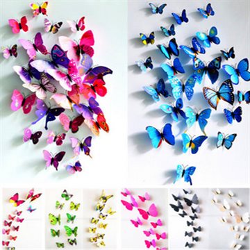 (1 set. = 12 pcs)Free shipping A beautiful art design 3d Butterfly Tatoos 9 color Wall Sticker Home Decoration Adesivo Parede