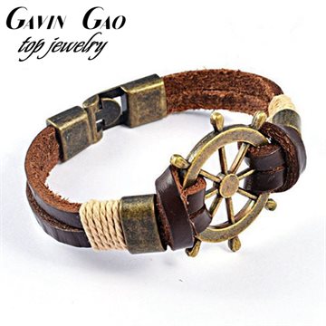 High Quality Fashion Genuine Cow Leather Bracelets For Men Vintage Stainless Steel Rudder Charm Bracelets Bangles Party Jewelry